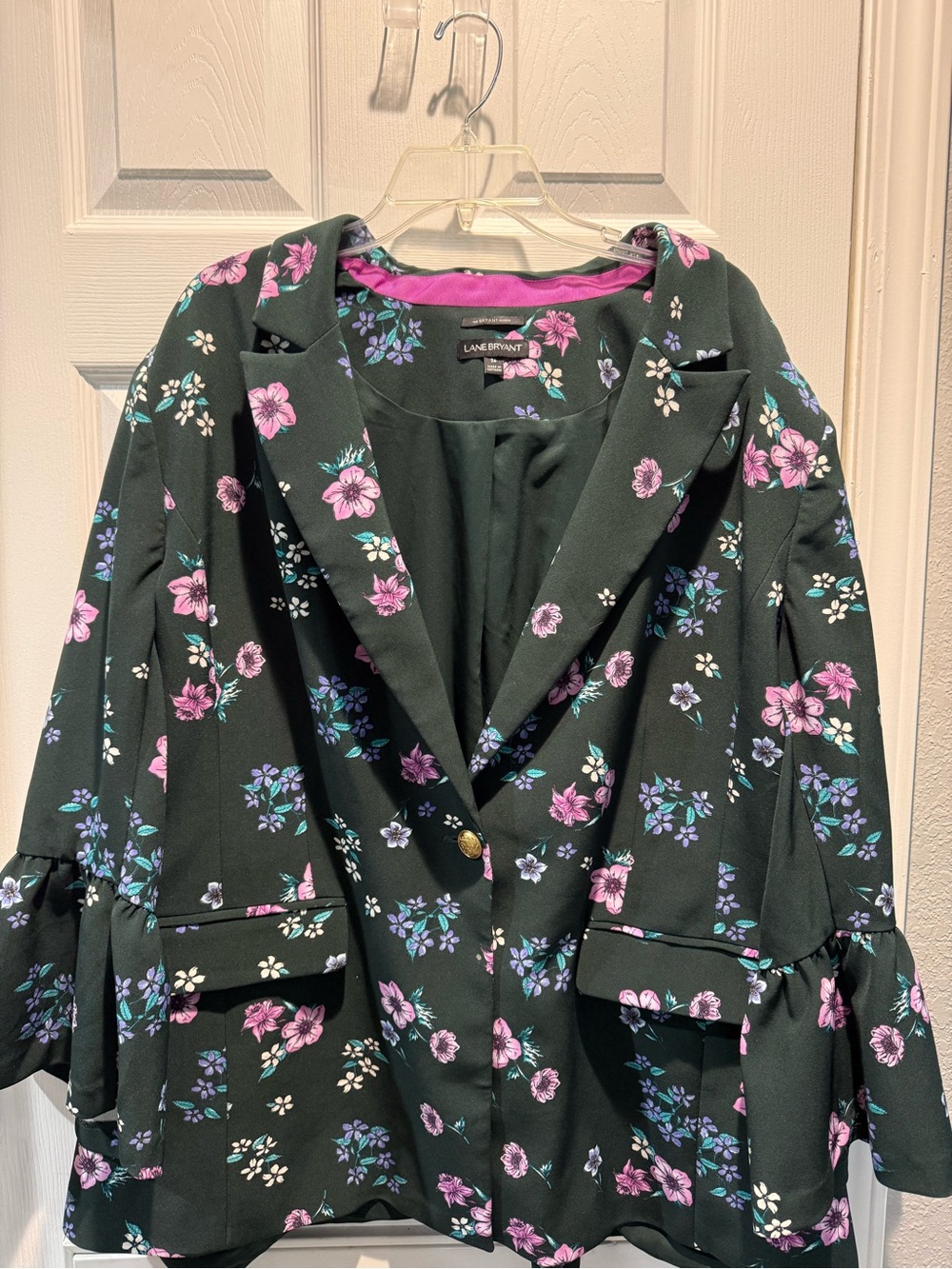 Lane Bryant Dark Green Floral Blazer with Pink & Purple Blooms